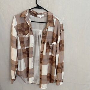 Eden & Olivia Checkered Button-Up Shirt in Brown and Cream